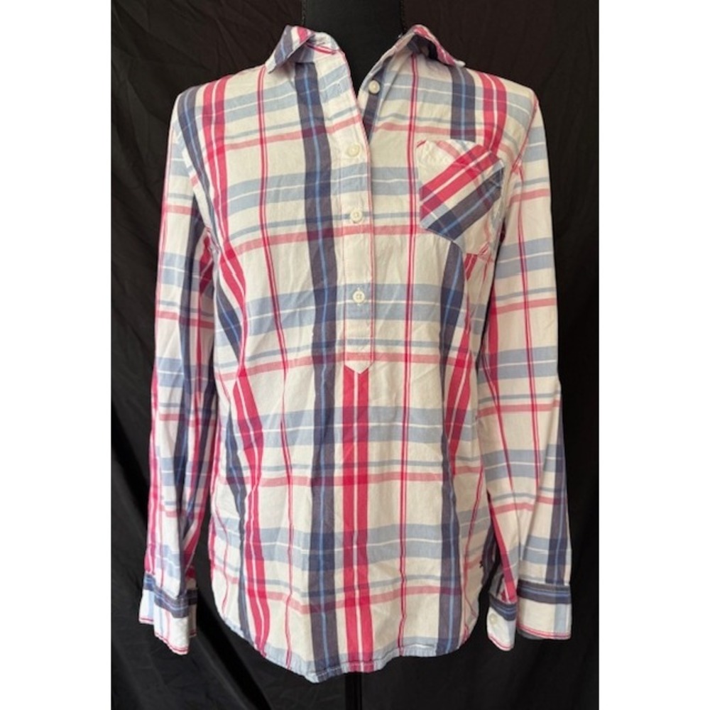 Tommy Hilfiger Womens Pink Blue Plaid Cotton Long Sleeve Popover Shirt Small